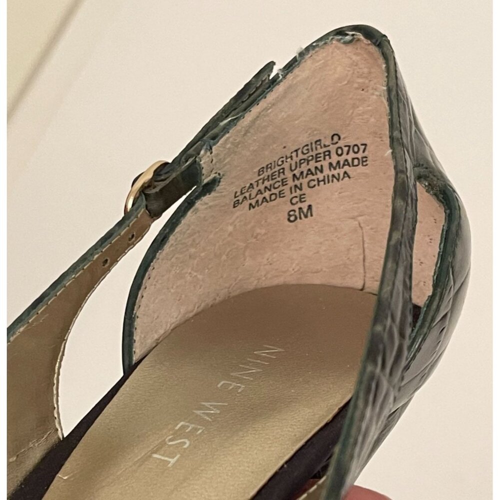 Nine West Brightgirlo Green Leather Alligator Print Peep Toe Heel Pump Size 8M - Picture 9 of 9